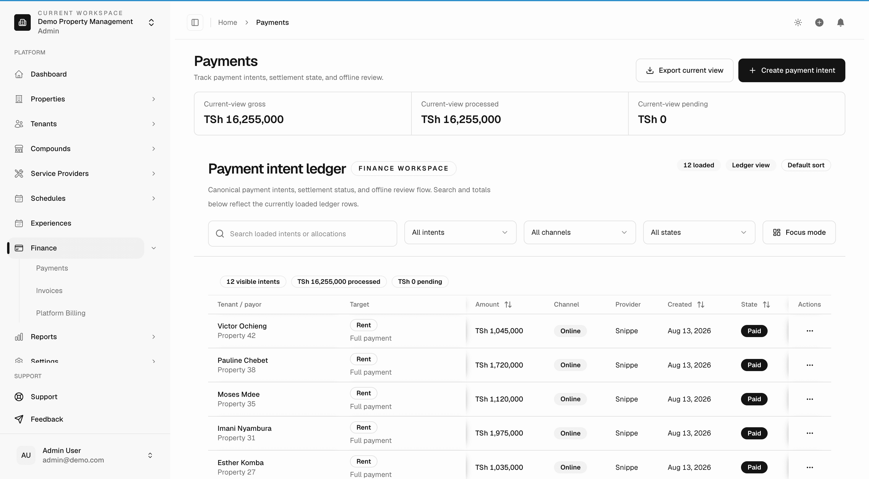 Mijengo Payments workspace showing payment totals and the payment intent ledger